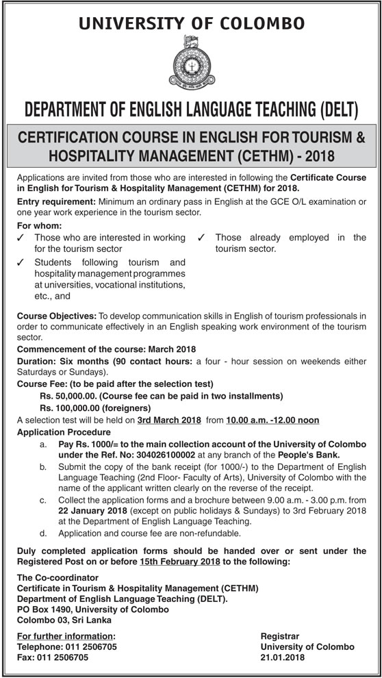 Certification Course in English for Tourism & Hospitality Management (CETHM) 2018 - Department of English Language Teaching (DELT) - University of Colombo